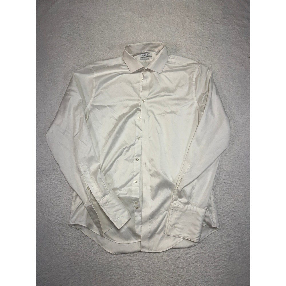 Calvin Klein Mens White Non-Iron Slim Fit Dress Shirt Size 16 34/35 Cotton